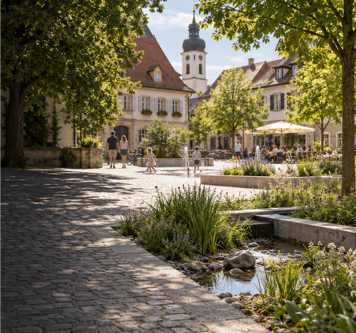 Begrünter Marktplatz einer Kleinstadt mit Bäumen, Wasserlauf und Wasserspiel, auf dem Familien unterwegs sind